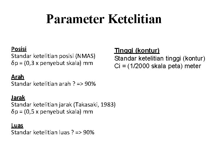 Parameter Ketelitian Posisi Standar ketelitian posisi (NMAS) δp = (0, 3 x penyebut skala)
