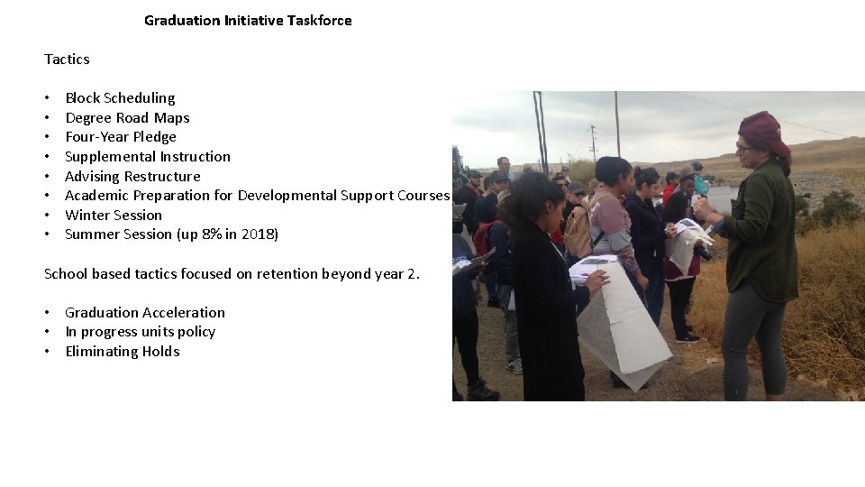 Graduation Initiative Taskforce Tactics • • Block Scheduling Degree Road Maps Four-Year Pledge Supplemental