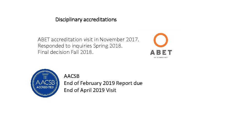 Disciplinary accreditations ABET accreditation visit in November 2017. Responded to inquiries Spring 2018. Final