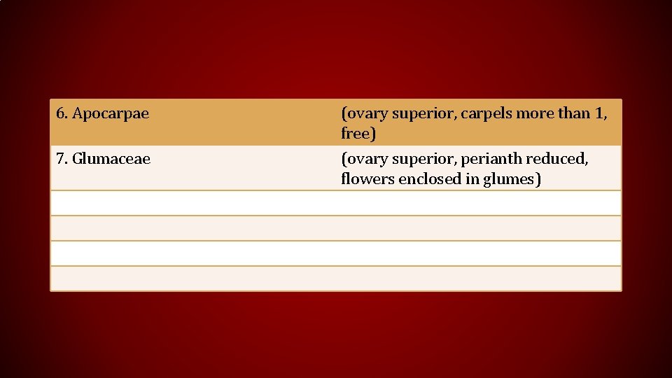 6. Apocarpae 7. Glumaceae (ovary superior, carpels more than 1, free) (ovary superior, perianth