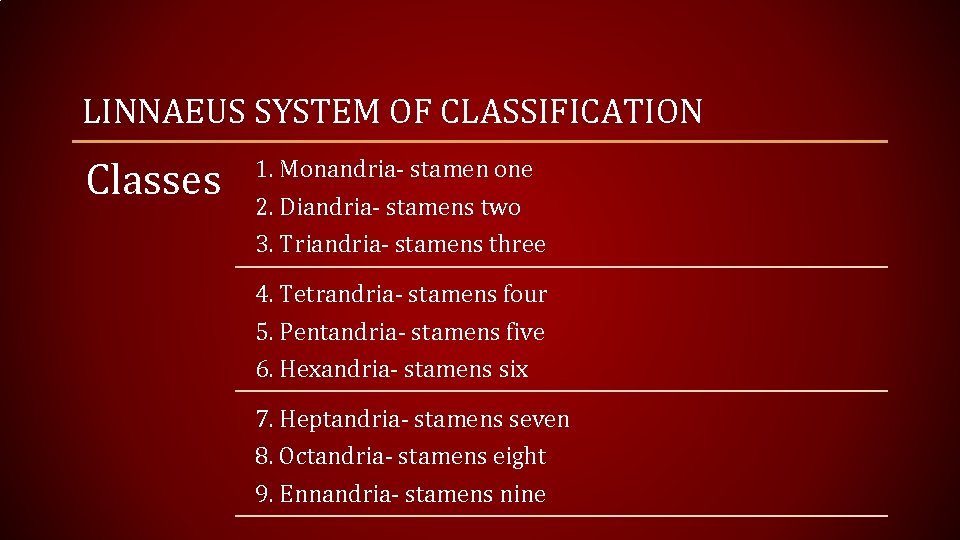 LINNAEUS SYSTEM OF CLASSIFICATION Classes 1. Monandria- stamen one 2. Diandria- stamens two 3.