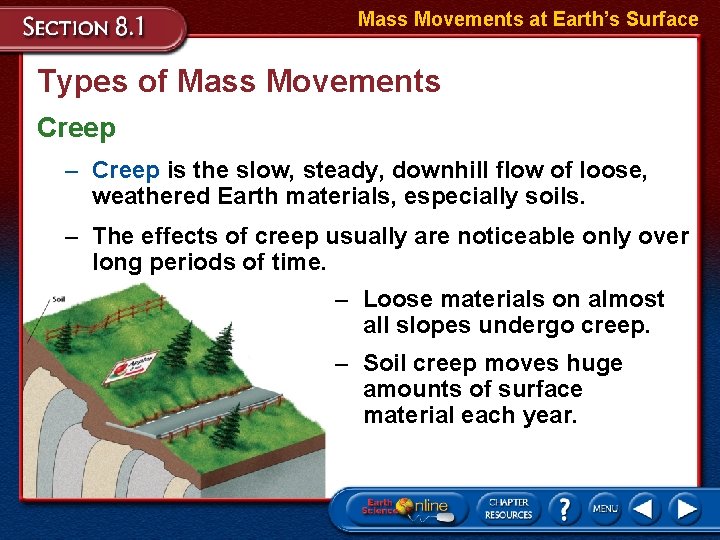 Mass Movements at Earth’s Surface Types of Mass Movements Creep – Creep is the