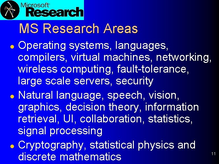 MS Research Areas l l l Operating systems, languages, compilers, virtual machines, networking, wireless
