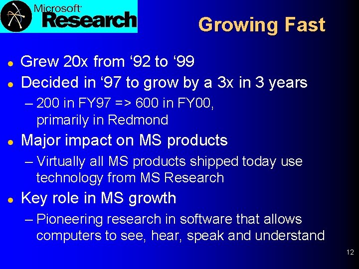 Growing Fast l l Grew 20 x from ‘ 92 to ‘ 99 Decided