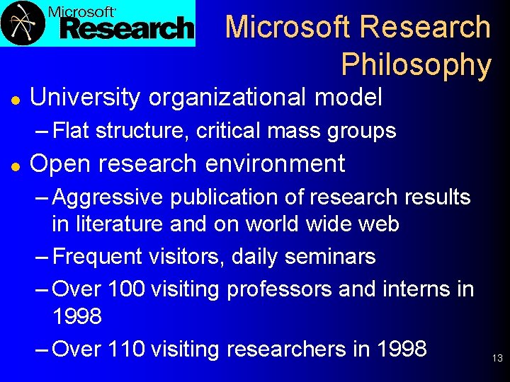 Microsoft Research Philosophy l University organizational model – Flat structure, critical mass groups l