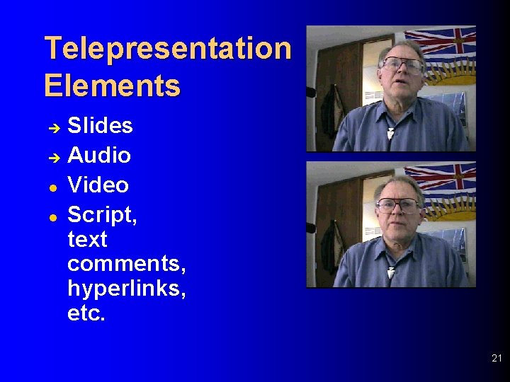 Telepresentation Elements Slides è Audio l Video l Script, text comments, hyperlinks, etc. è