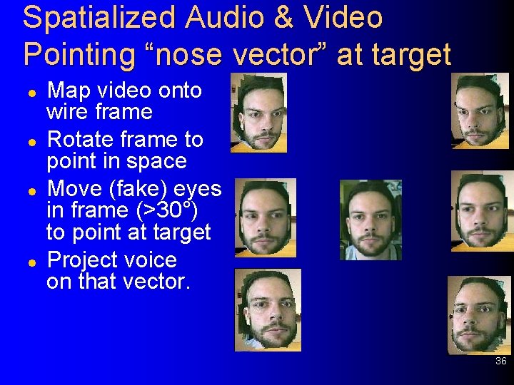 Spatialized Audio & Video Pointing “nose vector” at target l l Map video onto