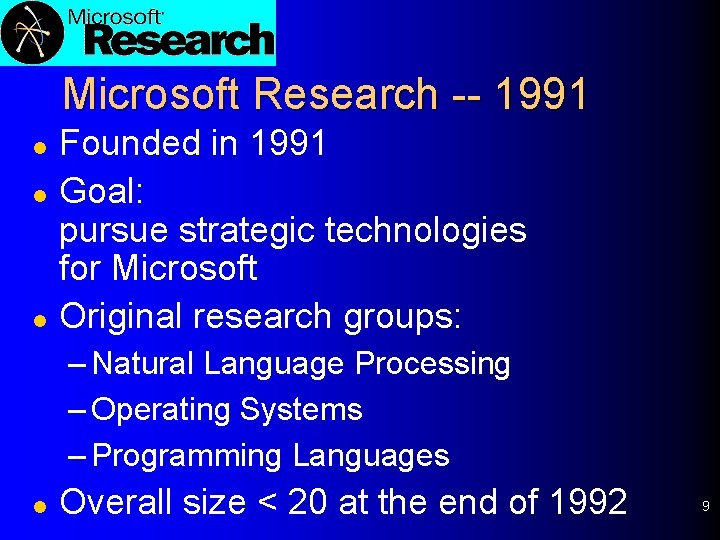 Microsoft Research -- 1991 l l l Founded in 1991 Goal: pursue strategic technologies