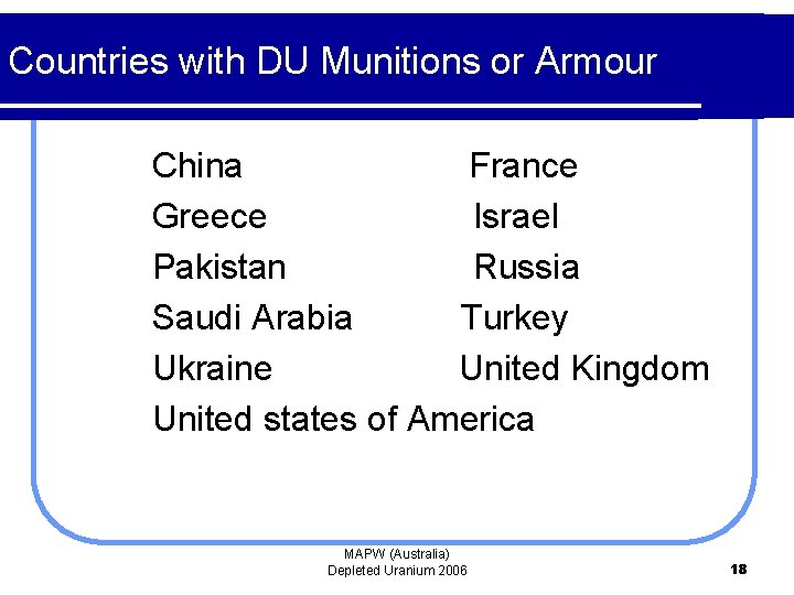Countries with DU Munitions or Armour China France Greece Israel Pakistan Russia Saudi Arabia