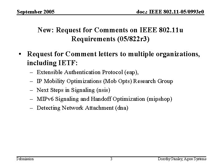 September 2005 doc. : IEEE 802. 11 -05/0993 r 0 New: Request for Comments