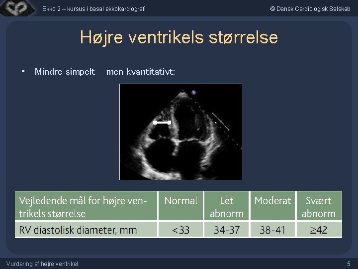 Ekko 2 – kursus i basal ekkokardiografi © Dansk Cardiologisk Selskab Højre ventrikels størrelse