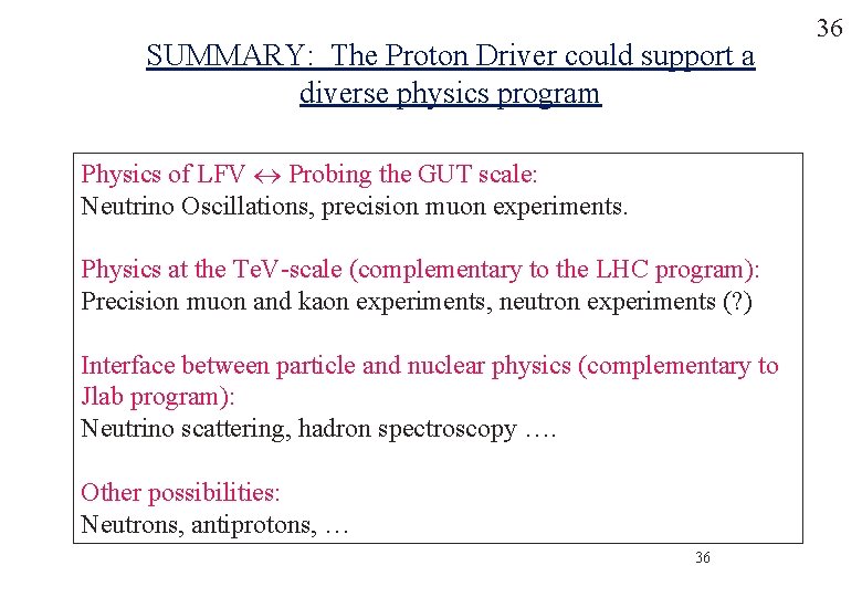 SUMMARY: The Proton Driver could support a diverse physics program Physics of LFV Probing
