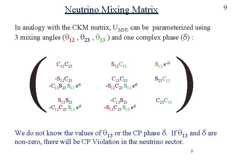 9 Neutrino Mixing Matrix In analogy with the CKM matrix, UMNS can be parameterized