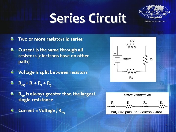 Series Circuit Two or more resistors in series Current is the same through all