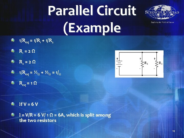 Parallel Circuit (Example 1/Req = 1/R 1 + 1/R 2 R 1 = 2