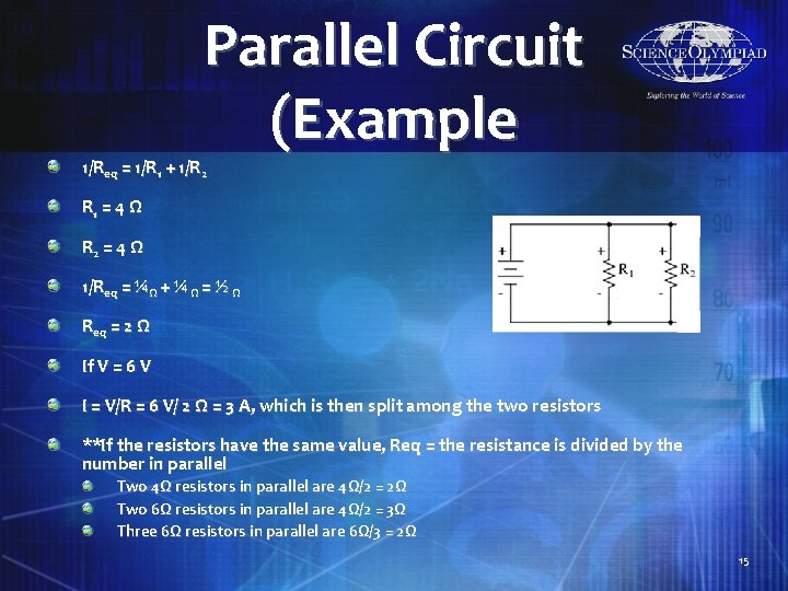 Parallel Circuit (Example 1/Req = 1/R 1 + 1/R 2 R 1 = 4