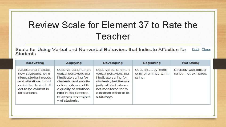 Review Scale for Element 37 to Rate the Teacher 