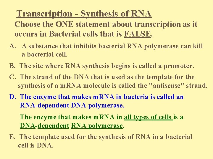 Transcription - Synthesis of RNA Choose the ONE statement about transcription as it occurs