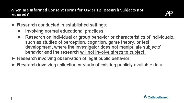 When are Informed Consent Forms for Under 18 Research Subjects not required? ► Research