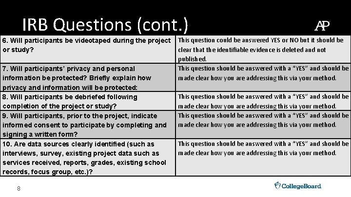 IRB Questions (cont. ) 6. Will participants be videotaped during the project or study?