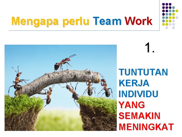 Mengapa perlu Team Work 1. TUNTUTAN KERJA INDIVIDU YANG SEMAKIN MENINGKAT 