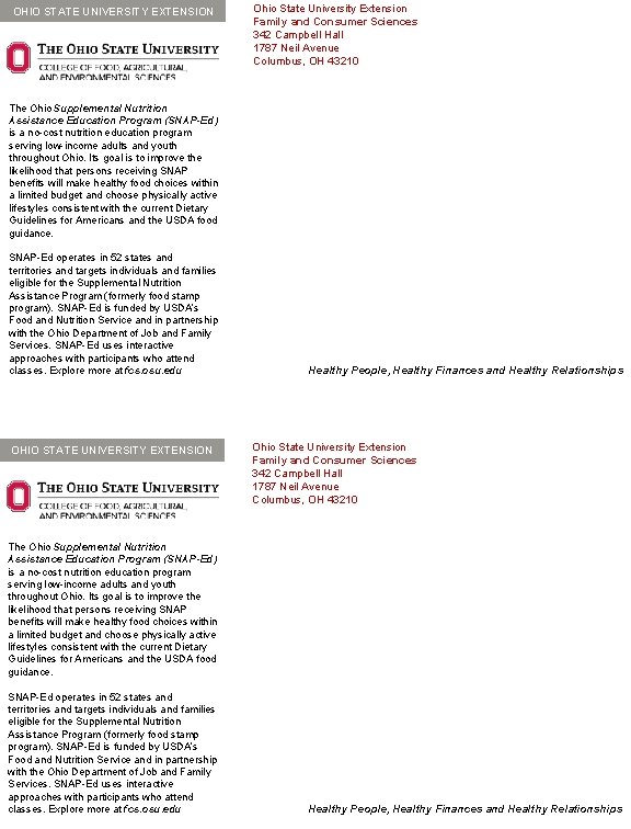 OHIO STATE UNIVERSITY EXTENSION Ohio State University Extension Family and Consumer Sciences 342 Campbell