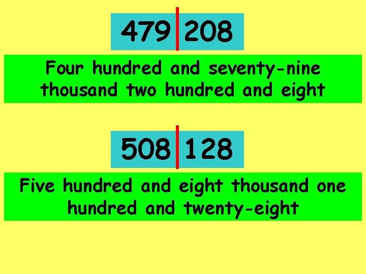 479 208 Four hundred and seventy-nine thousand two hundred and eight 508 128 Five