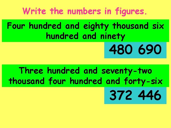 Write the numbers in figures. Four hundred and eighty thousand six hundred and ninety