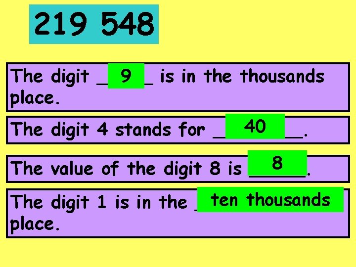 219 548 The digit _____ 9 is in the thousands place. 40 The digit
