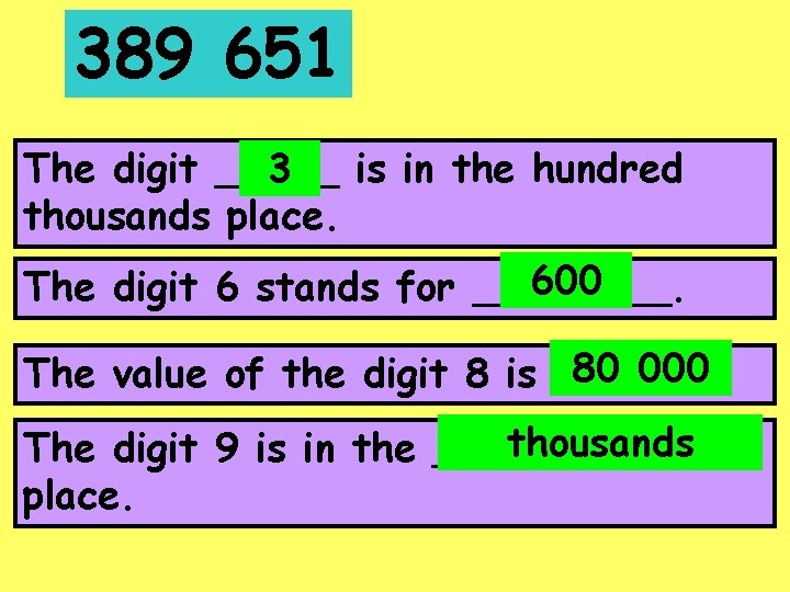 389 651 The digit _____ 3 is in the hundred thousands place. 600 The