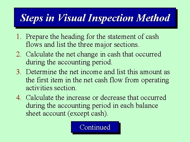 Steps in Visual Inspection Method 1. Prepare the heading for the statement of cash