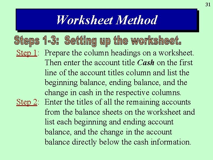 31 Worksheet Method Step 1: Prepare the column headings on a worksheet. Then enter