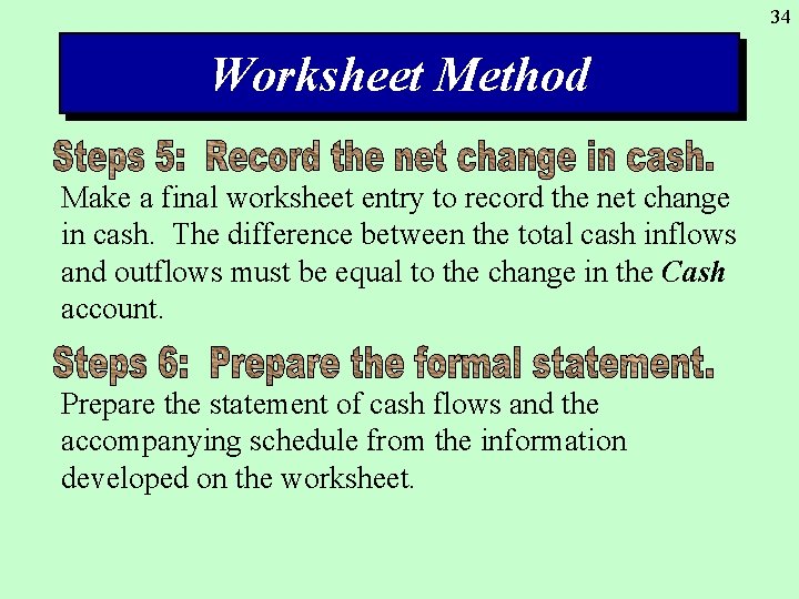 34 Worksheet Method Make a final worksheet entry to record the net change in