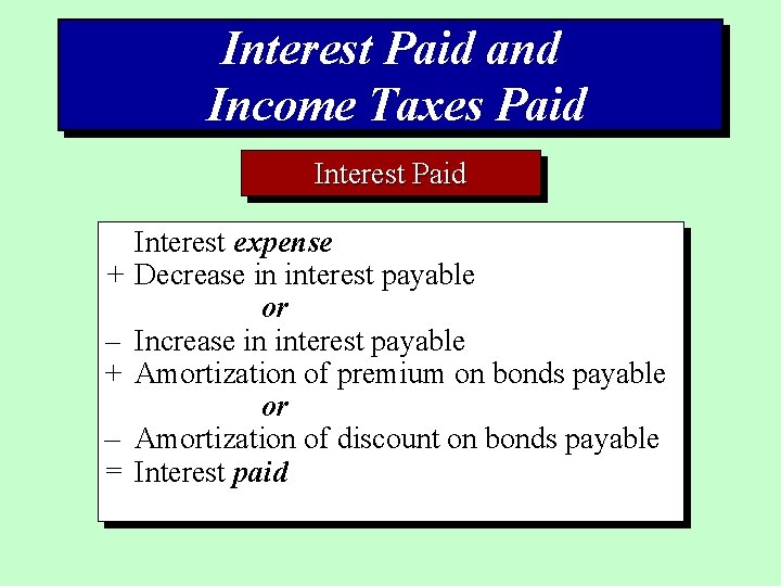 Interest Paid and Income Taxes Paid Interest expense + Decrease in interest payable or
