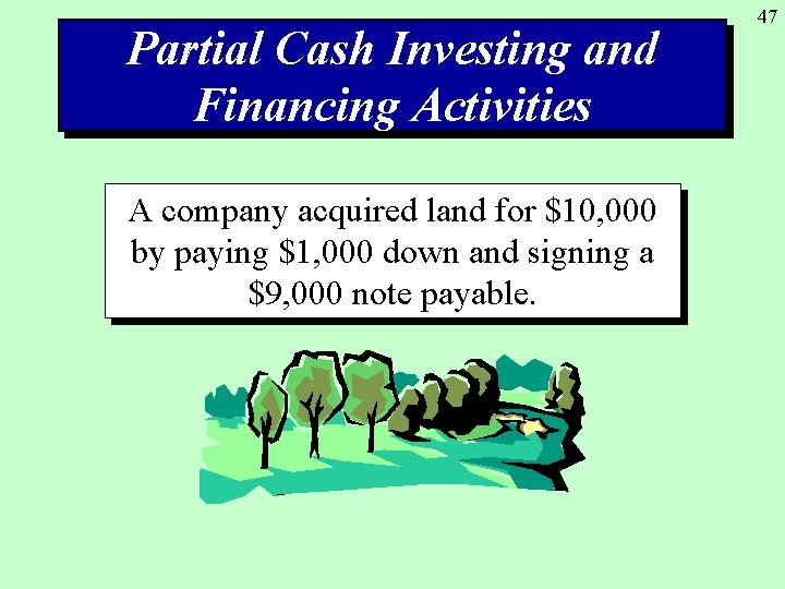Partial Cash Investing and Financing Activities A company acquired land for $10, 000 by
