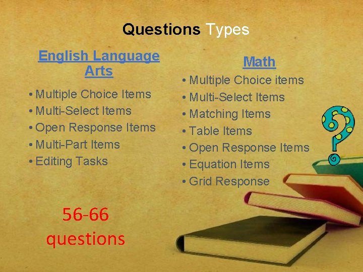 Questions Types English Language Arts • Multiple Choice Items • Multi-Select Items • Open