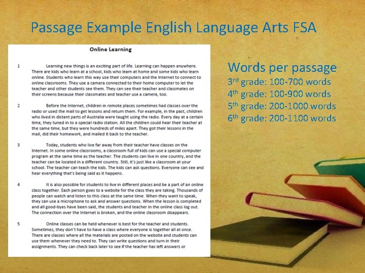 Passage Example English Language Arts FSA Words per passage 3 rd grade: 100 -700