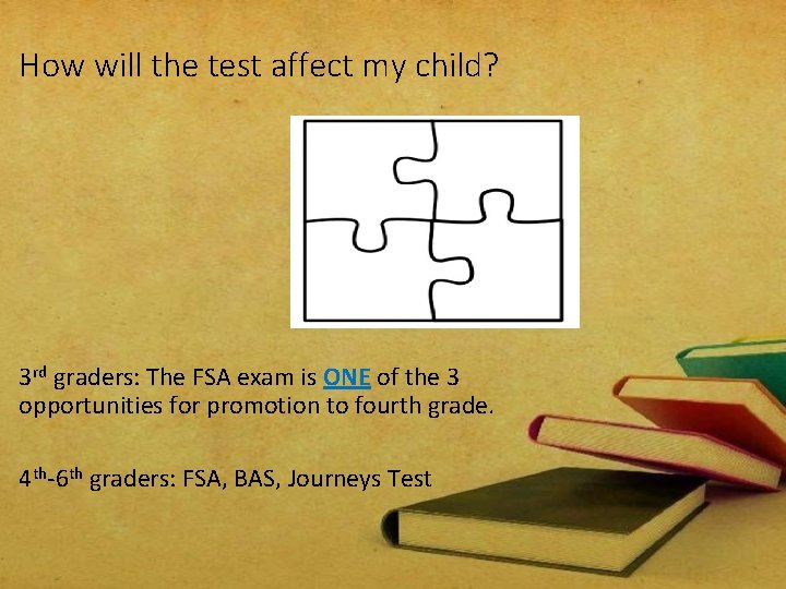 How will the test affect my child? 3 rd graders: The FSA exam is