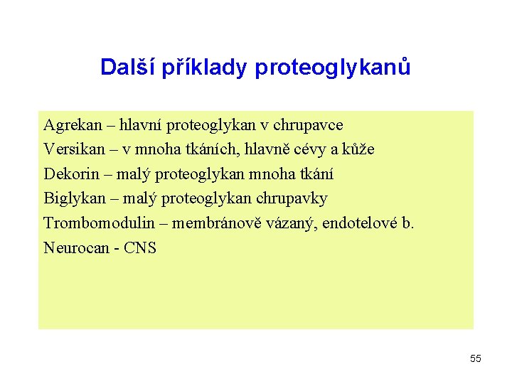 Další příklady proteoglykanů Agrekan – hlavní proteoglykan v chrupavce Versikan – v mnoha tkáních,