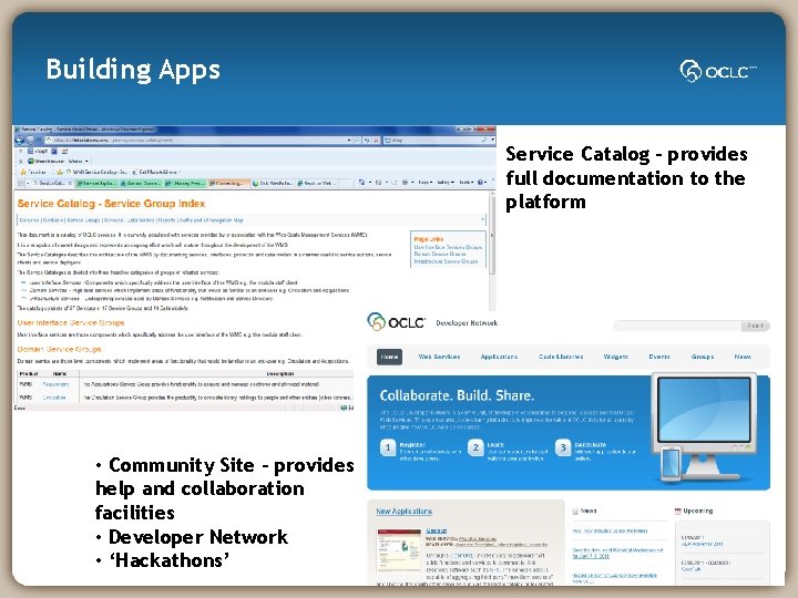 Building Apps Service Catalog – provides full documentation to the platform • Community Site