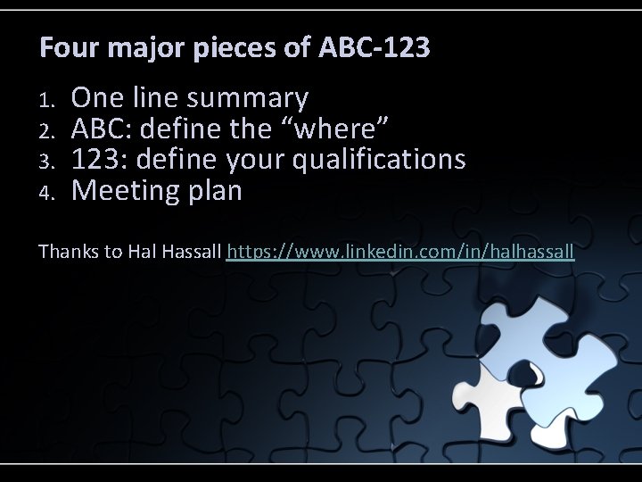 Four major pieces of ABC-123 1. 2. 3. 4. One line summary ABC: define