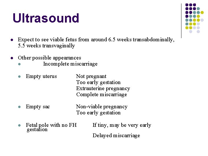 Ultrasound Expect to see viable fetus from around 6. 5 weeks transabdominally, 5. 5
