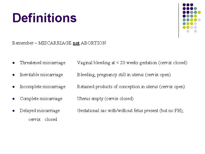 Definitions Remember – MISCARRIAGE not ABORTION Threatened miscarriage Vaginal bleeding at < 20 weeks