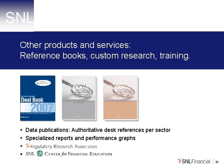 SNL Other products and services: Reference books, custom research, training. § Data publications: Authoritative