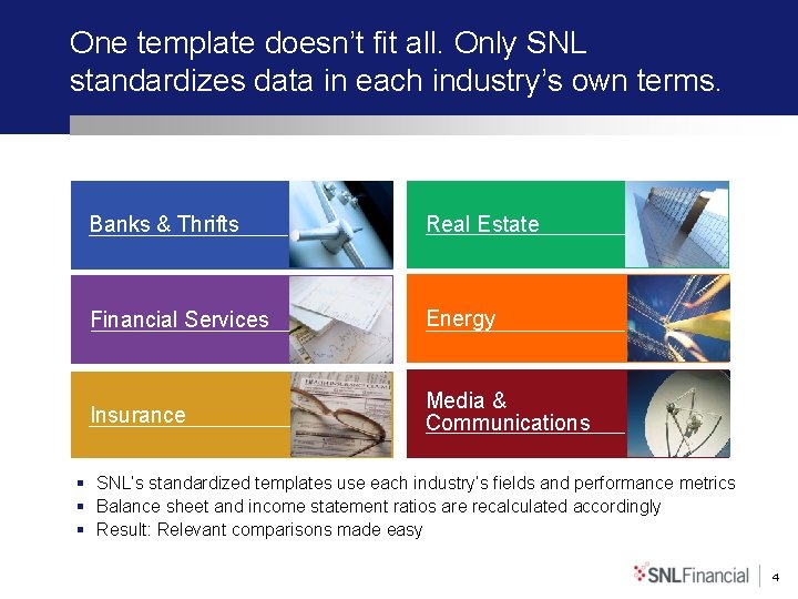 One template doesn’t fit all. Only SNL standardizes data in each industry’s own terms.