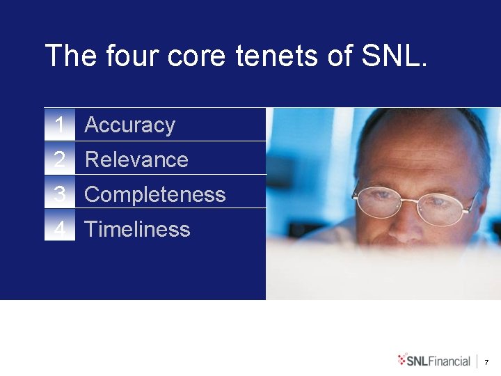 The four core tenets of SNL. 1 Accuracy 2 Relevance 3 Completeness 4 Timeliness