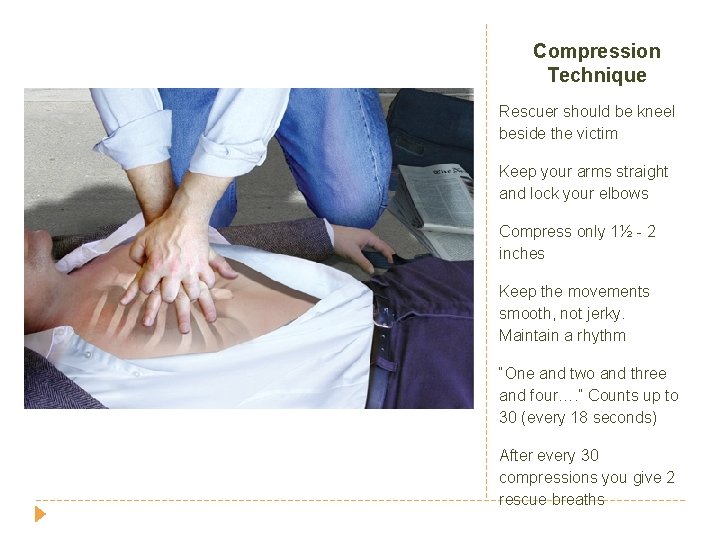 Compression Technique Rescuer should be kneel beside the victim Keep your arms straight and