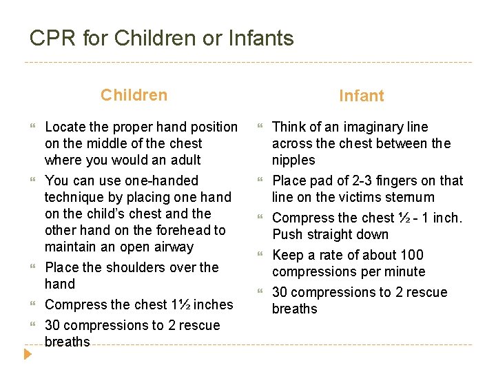 CPR for Children or Infants Children Locate the proper hand position on the middle
