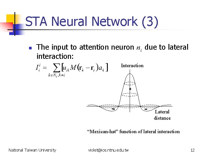 STA Neural Network (3) n The input to attention neuron ni due to lateral