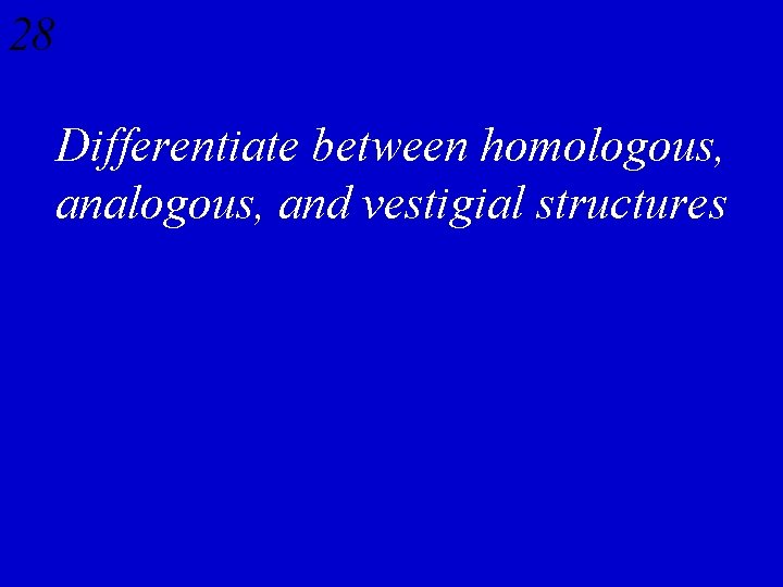 28 Differentiate between homologous, analogous, and vestigial structures 